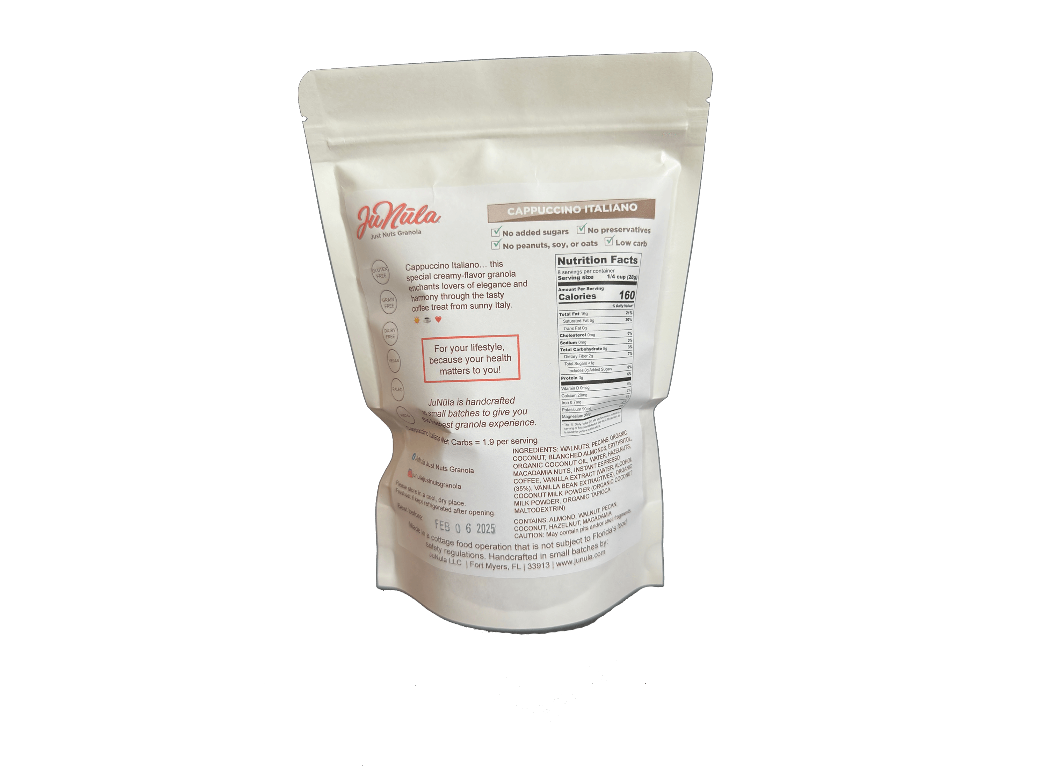 8oz bag of Cappuccino Italiano granola from the back