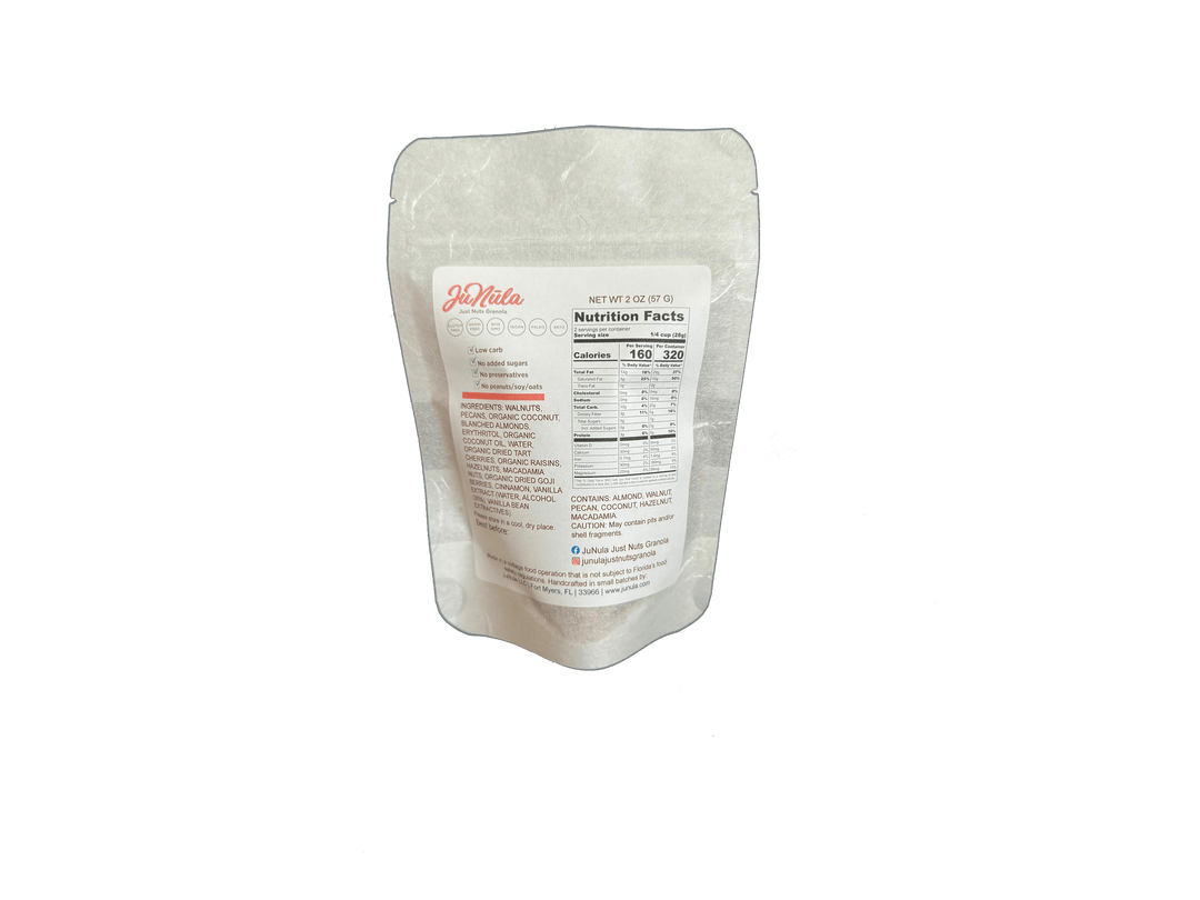 2oz package of Cherry Berry granola from the back