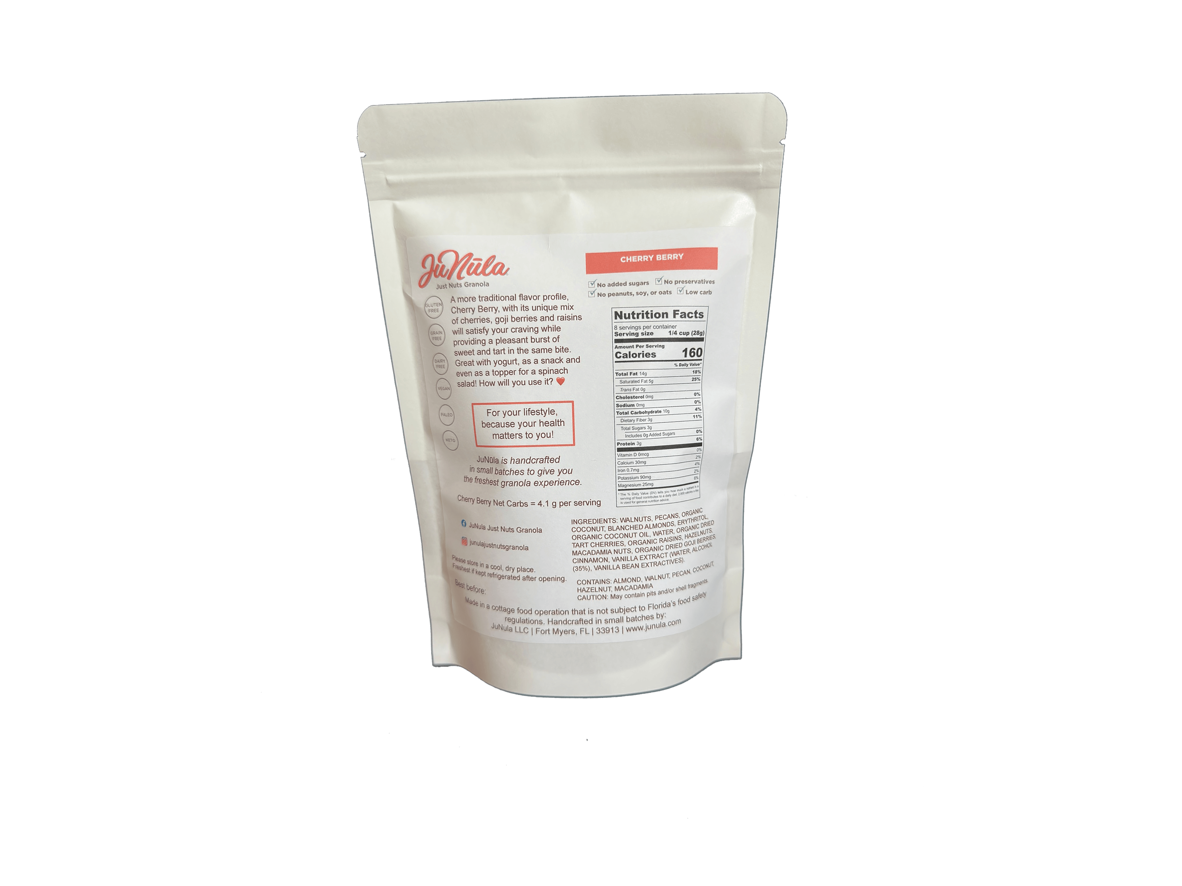 8oz bag of Cherry Berry granola from the back