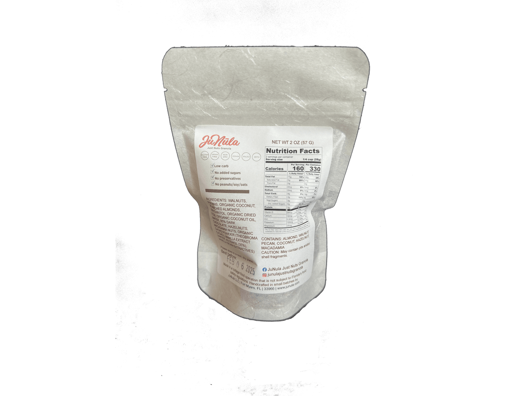 2oz bag of Just Enough Chocolate granola from the back