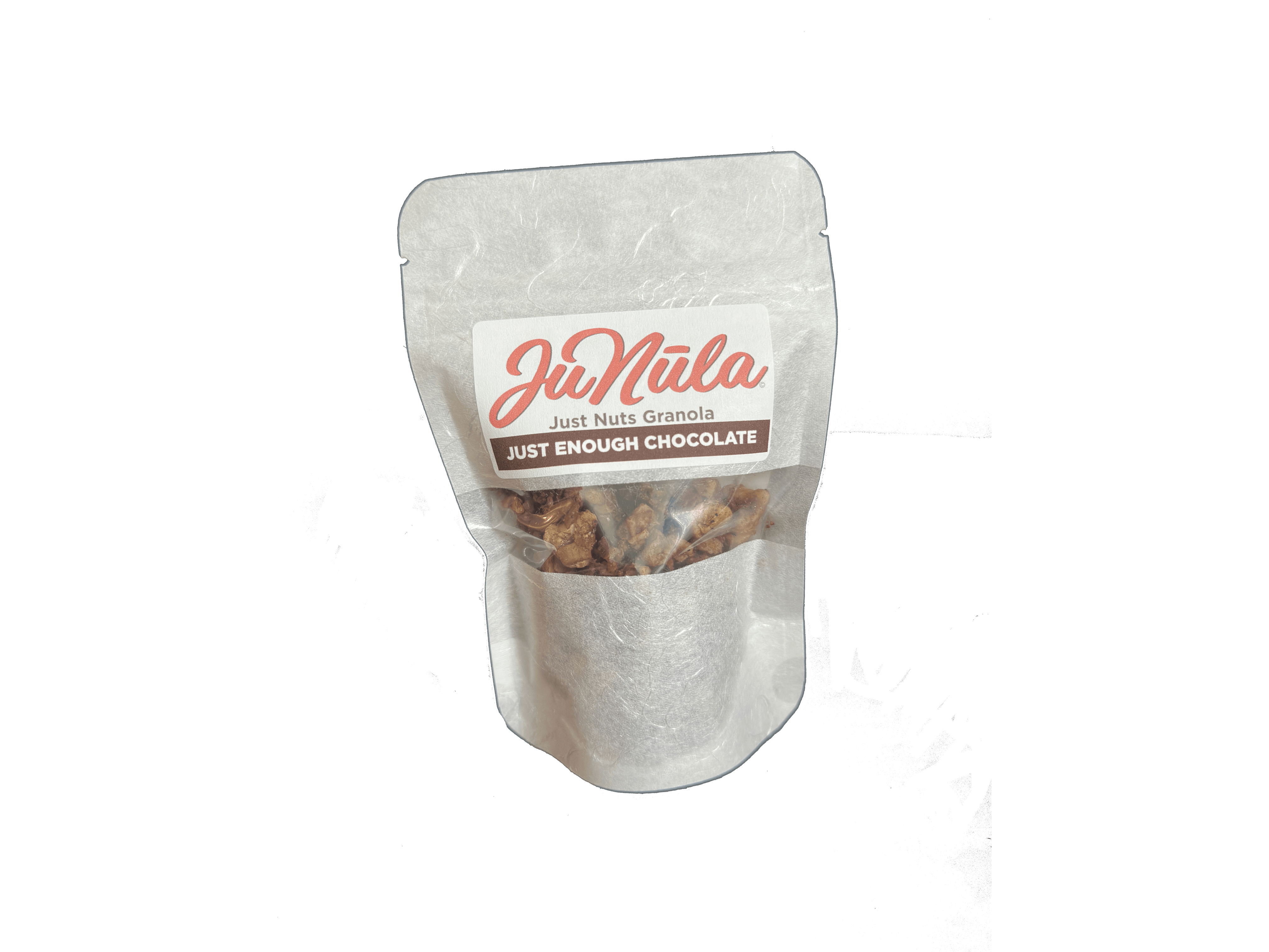 2oz bag of Just Enough Chocolate granola from the front
