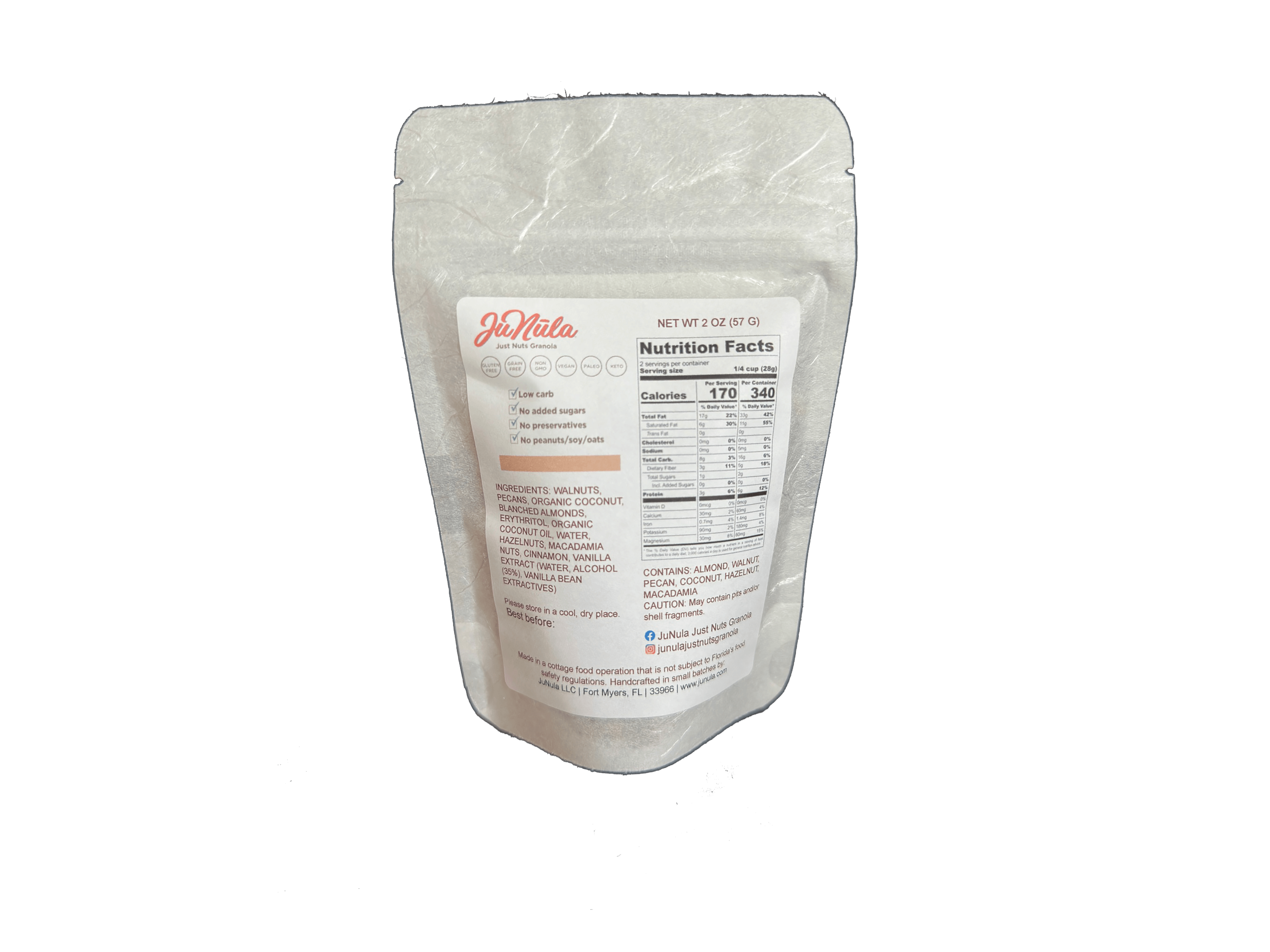2oz bag of Plainly Perfect granola from the back