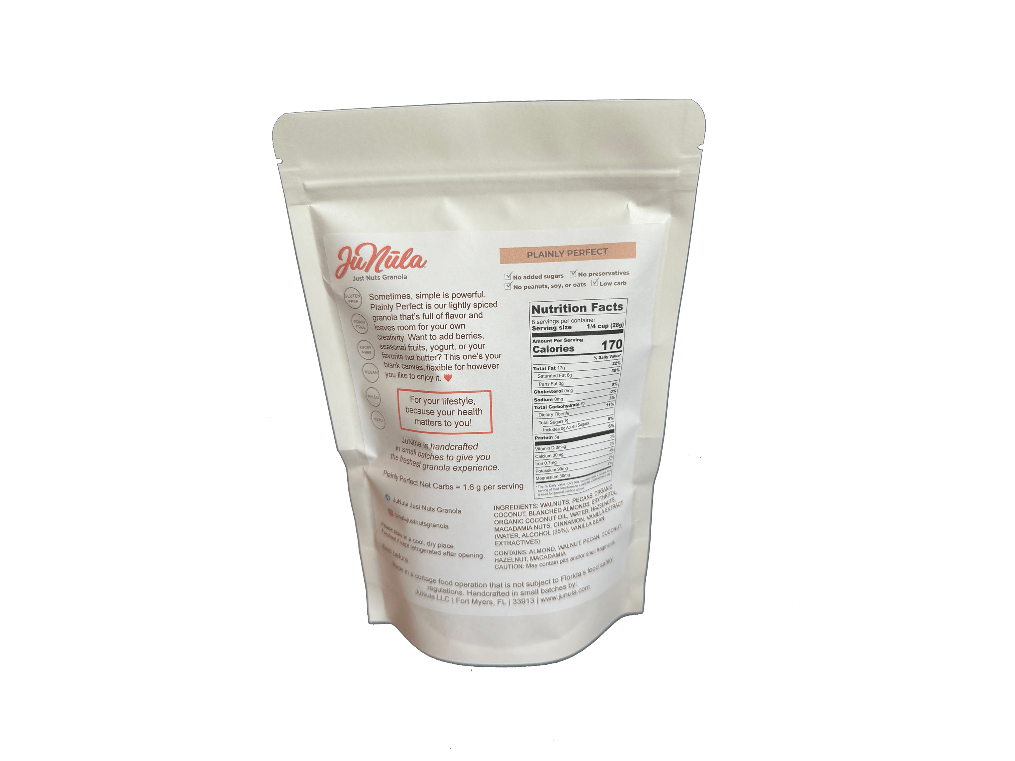 8oz bag of Plainly Perfect granola from the back