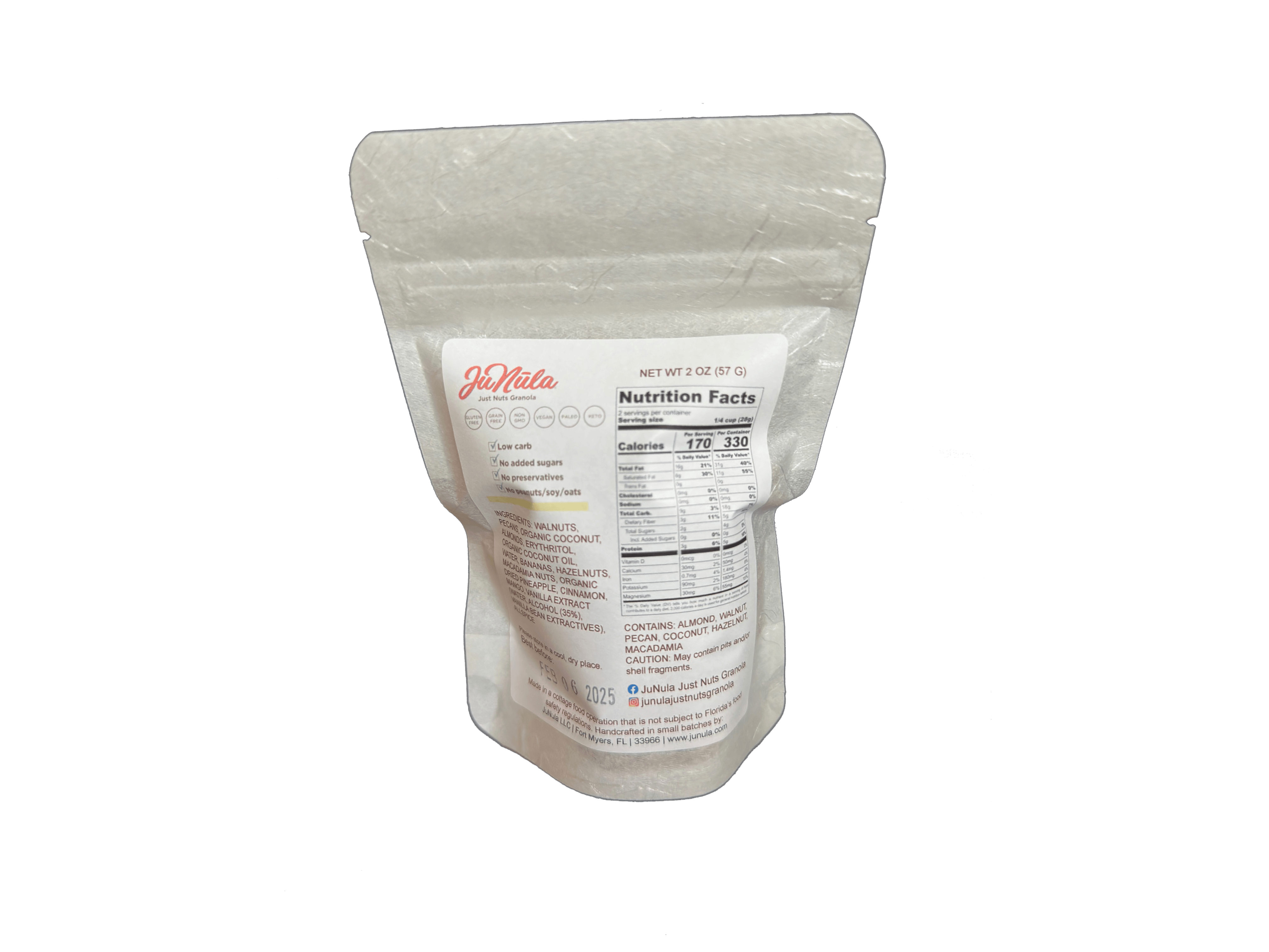 2oz bag of Tropical Sunrise granola from the back