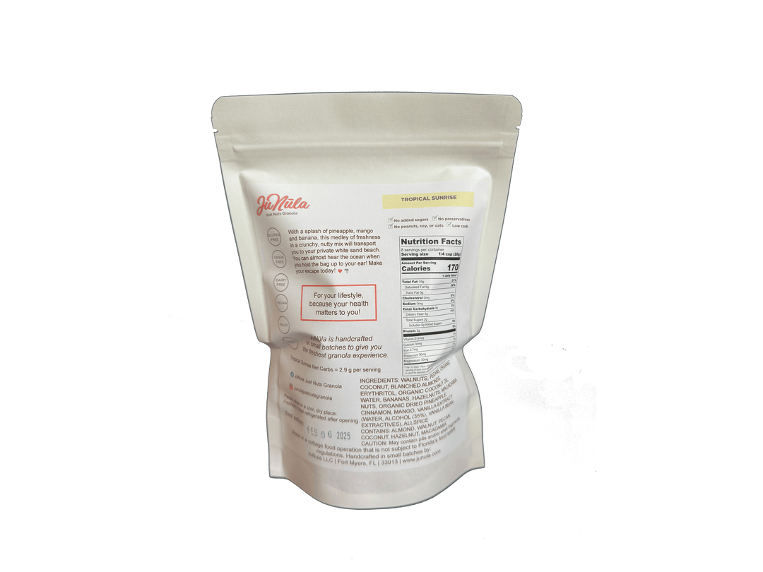 8oz package of Tropical Sunrise granola from the back