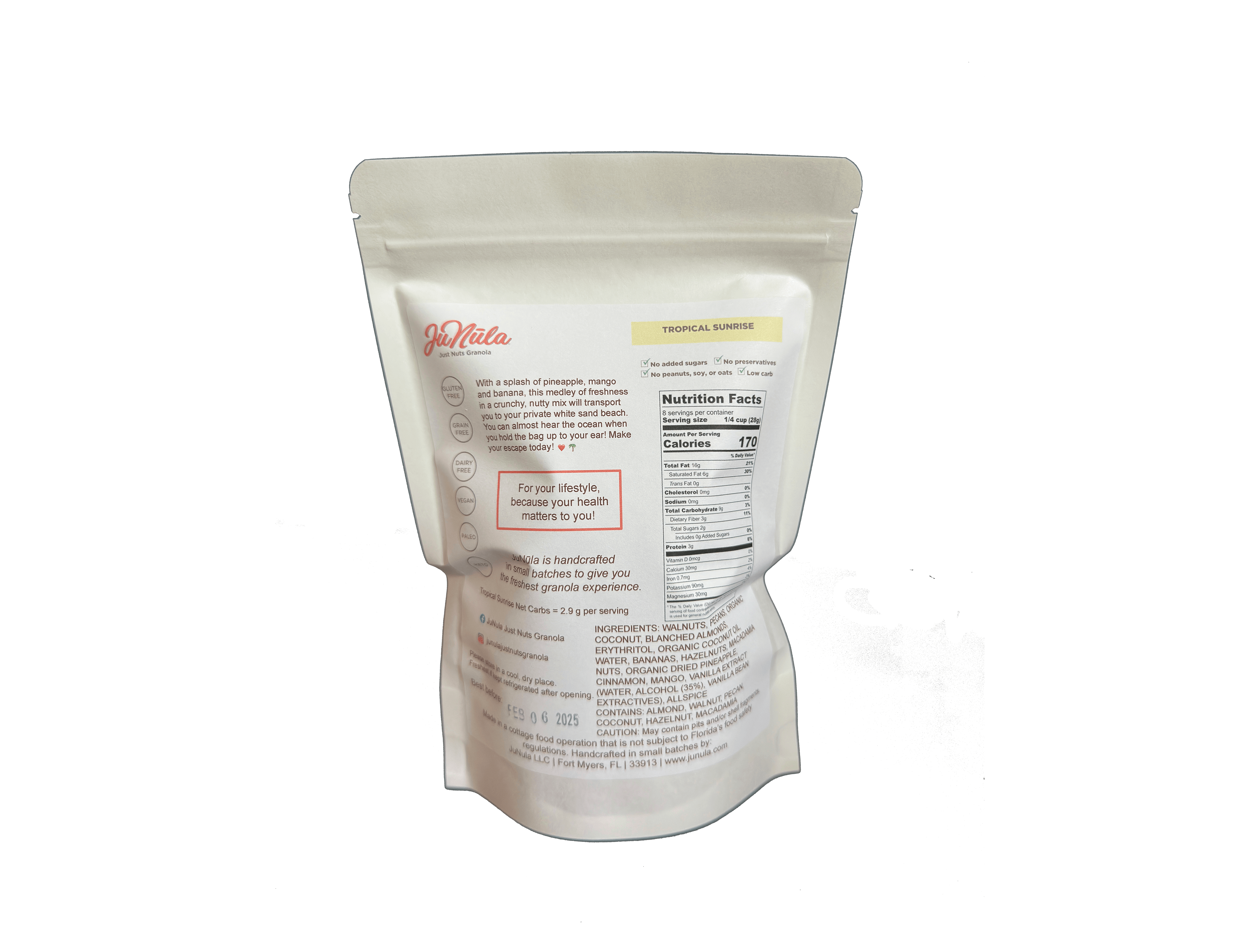 8oz package of Tropical Sunrise granola from the back