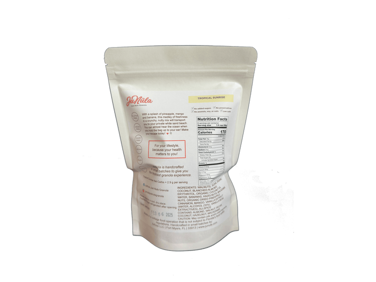 8oz package of Tropical Sunrise granola from the back