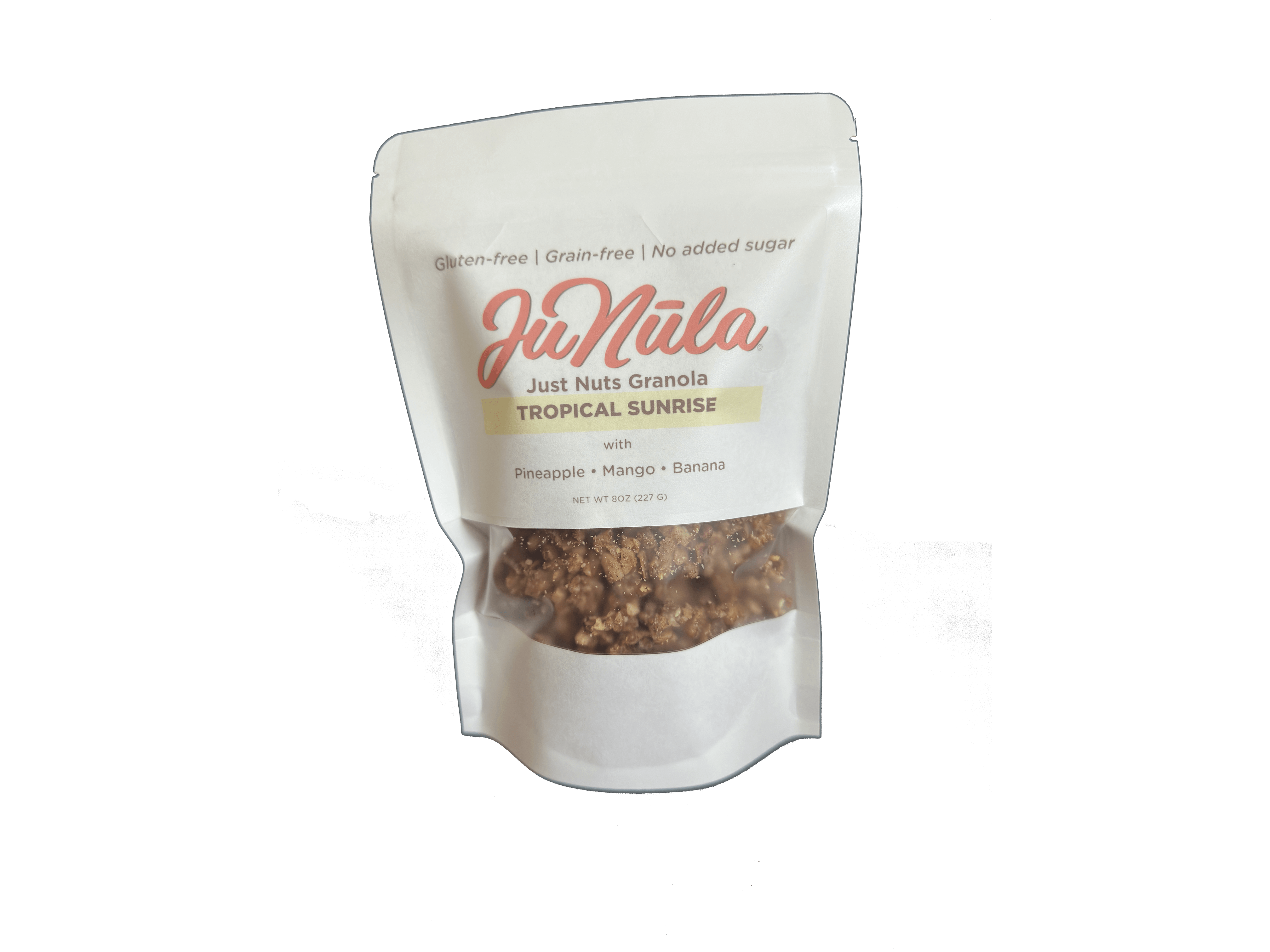 8oz package of Tropical Sunrise granola from the front
