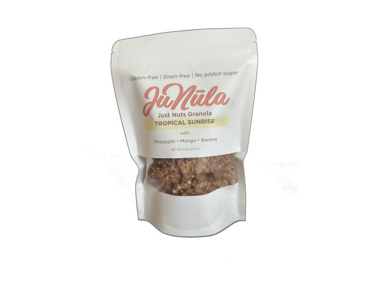 8oz package of Tropical Sunrise granola from the front