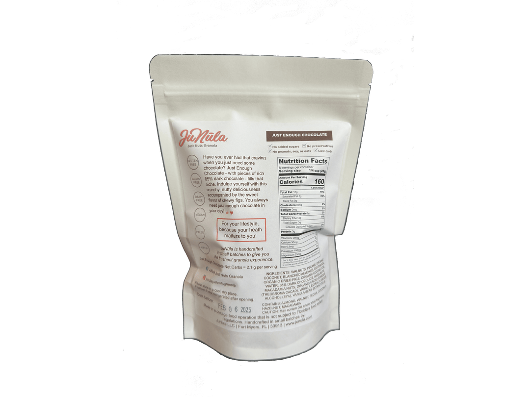 8oz bag of Just Enough Chocolate from the back
