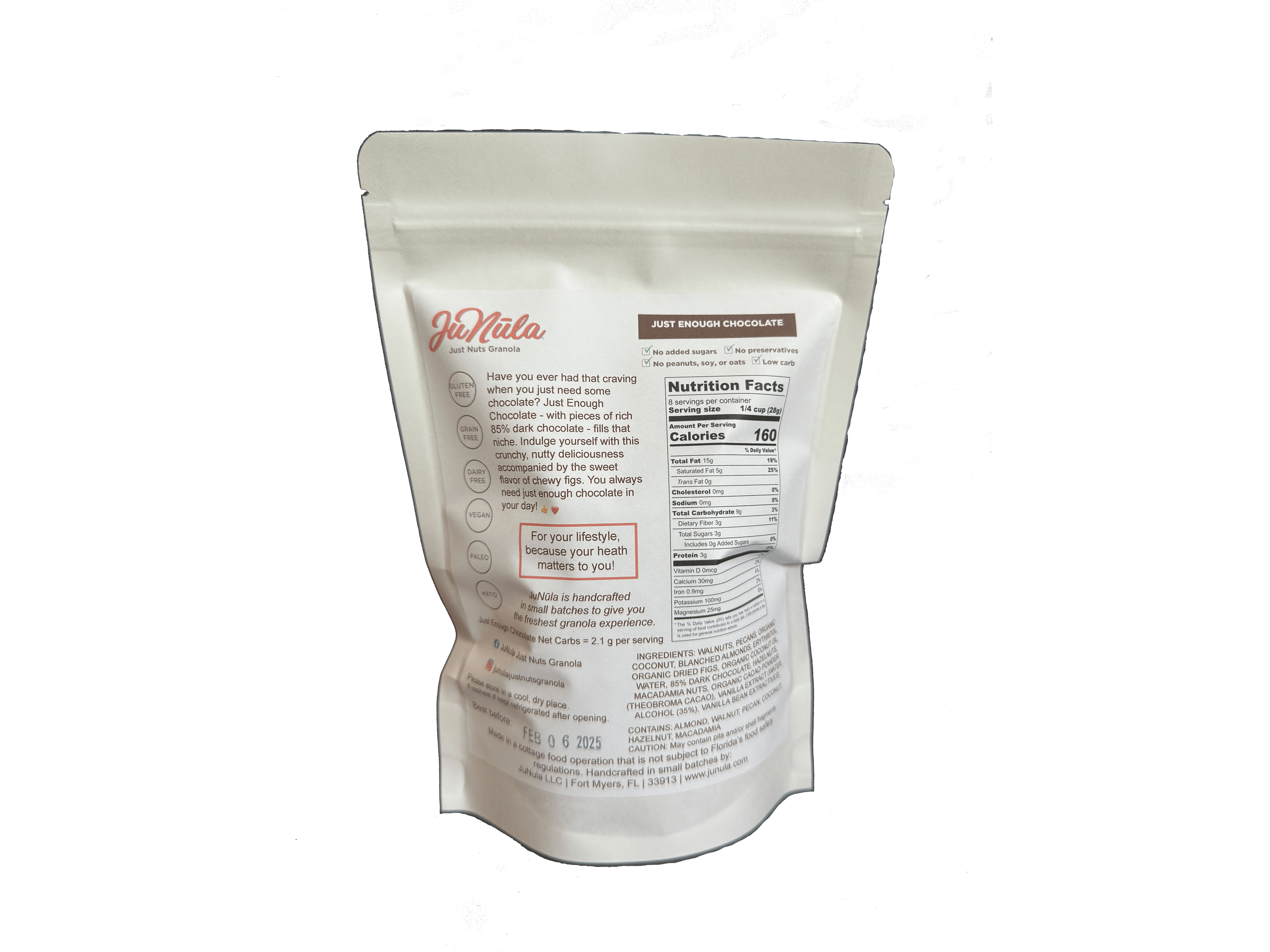 8oz bag of Just Enough Chocolate from the back