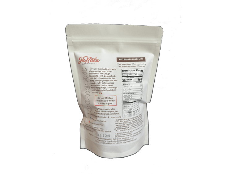 8oz bag of Just Enough Chocolate from the back